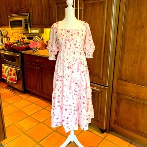 Hill House Home Nesli Tiered Sleeve Nap Dress Pink Rose Botanical Size XS